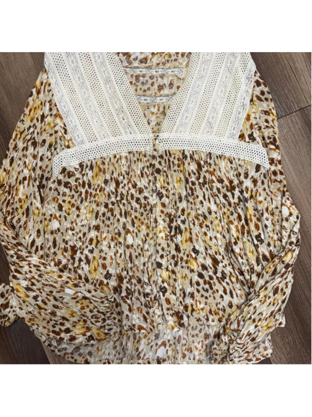 Boho romantic lace blouse with an earthy brown, mustard & cream abstract print